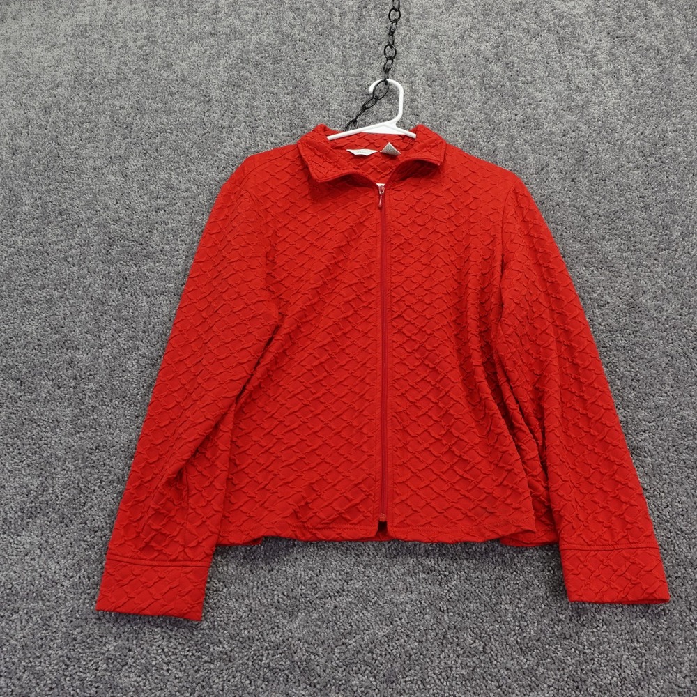Laura Ashley Zip Up Jacket Womens Large Petite Red Textured Long Sleeve Collared